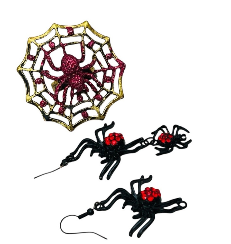 HALLOWEEN RED BLACK SPIDER EARRINGS, WEB RING ADJUSTABLE RHINESTONES WIRE DANGLE