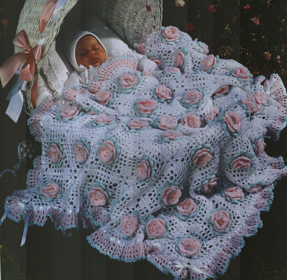 ROSY LULLABY BABY AFGHAN NURSERY DECOR CROCHET PATTERN INSTRUCTIONS