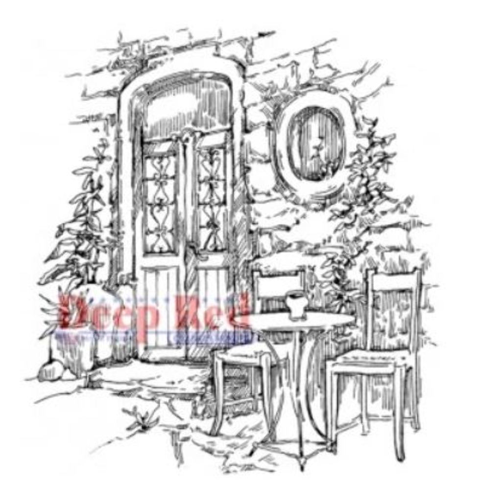 Deep Red Rubber Stamp Dining Alfresco Table and Chairs Courtyard Scene