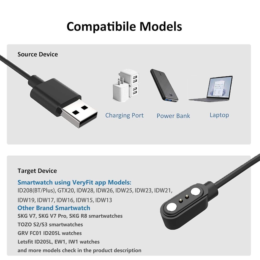 VeryFit Smartwatch Magnetic USB Charging Cable 3.3FT Replacement