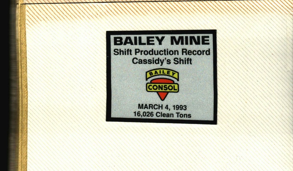 PRODUCTION RECORD BAILEY MINE CONSOL COAL CO. COAL MINING STICKER# 1154