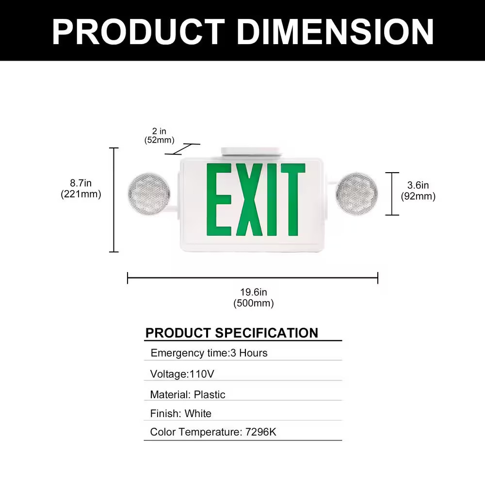 Modern LED Exit and Emergency Combo Light, 2 Adjustable Heads with Green Letters