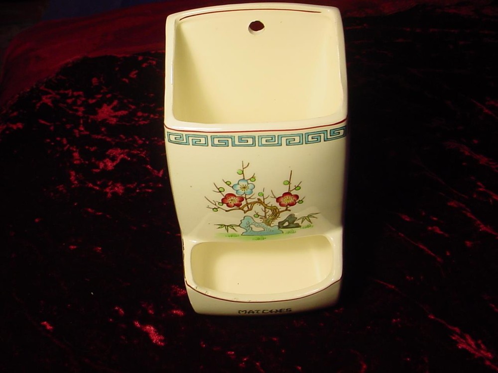 Vintage Indian Tree pattern ceramic wall hanging match holder / safe