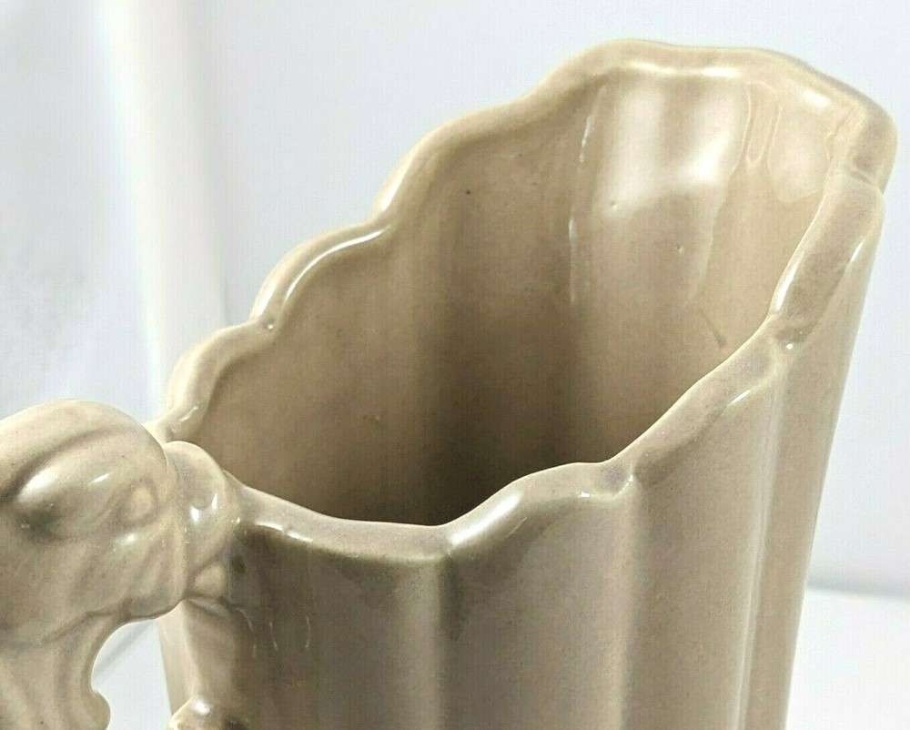 Vintage Shawnee Tan Pottery Pitcher Dolphin Handle USA