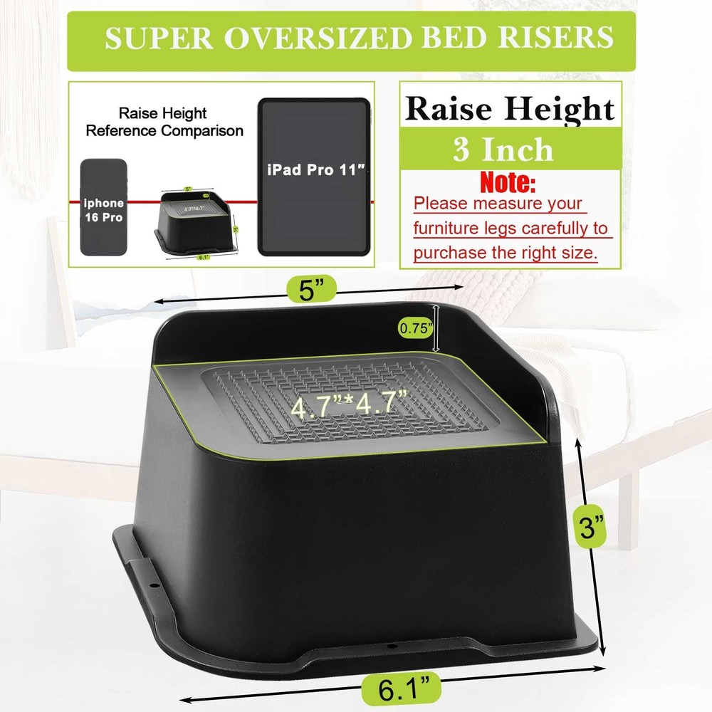 Yookwutar Bed Risers 2 inch, 3 4 6 8 3 Inch, Black 4 Pack