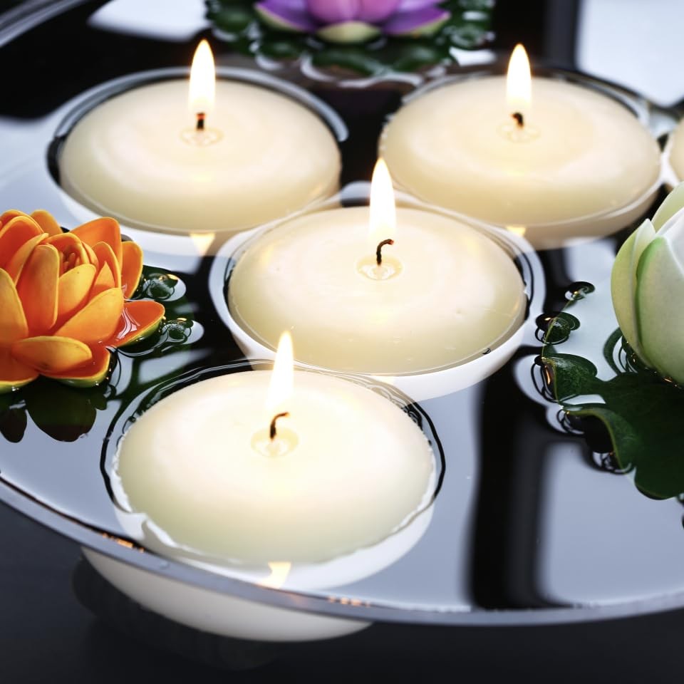 24 Pack Floating Candles, 3” Ivory Unscented Dripless Wax Burning Candles, fo...