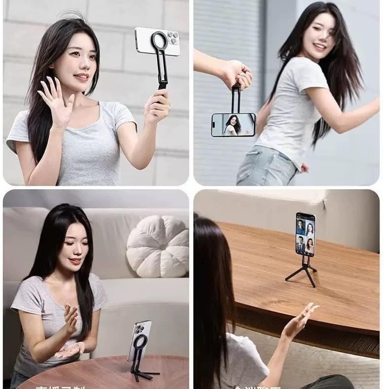 Phone Tripod, Magnetic Phone Holder with Spring Clasp, Adjustable Foldable
