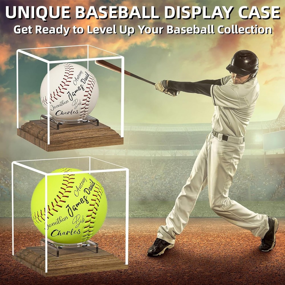 Baseball Case Display for Balls Walnut Wood Base Acrylic Clear
