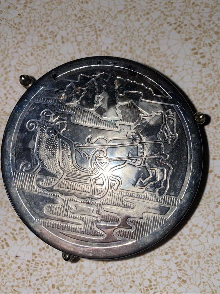 VTG 7 Pc Embossed Silver Plated Coaster Set, With Original Box