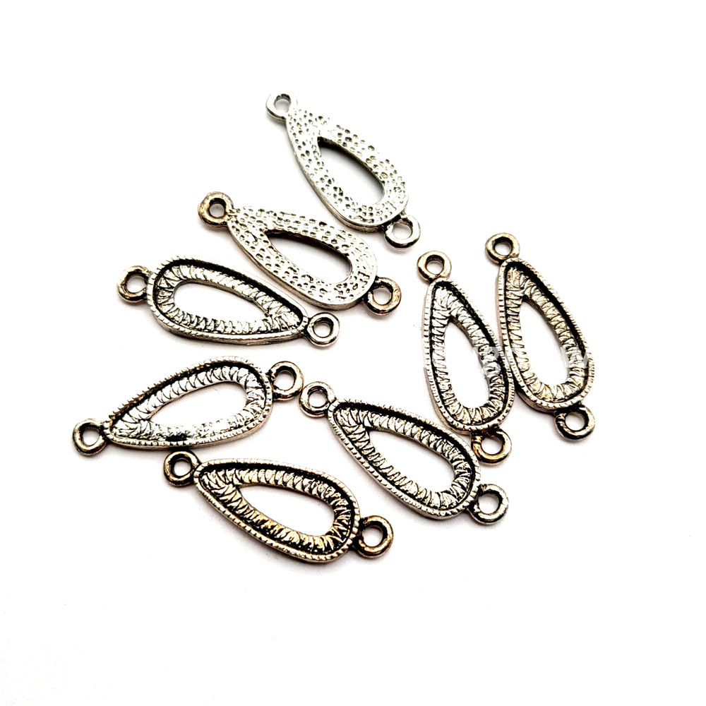 Antique Silver Plated Open Back Oval Teardrop Cabochon Setting Connector 30x12mm