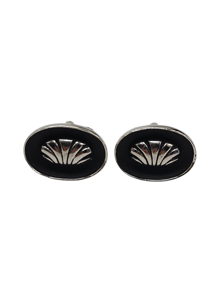 Silver Tone Black Enamel Shell Design Engraved Cufflinks Vintage