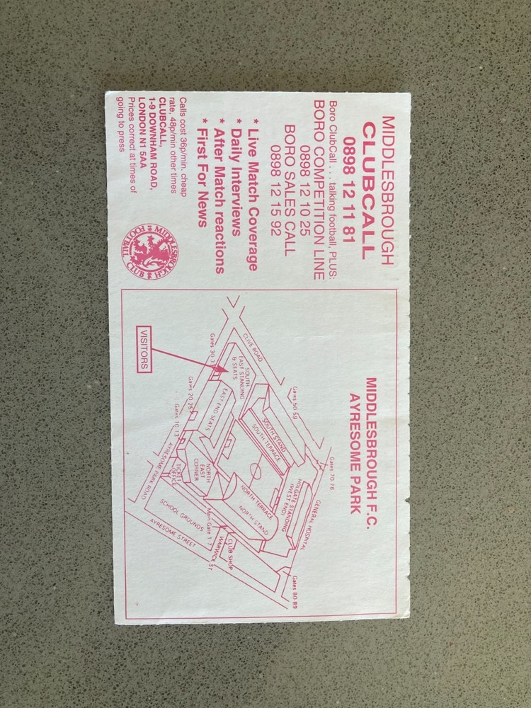 Middlesbrough v Barnsley 1994-95 Match Ticket