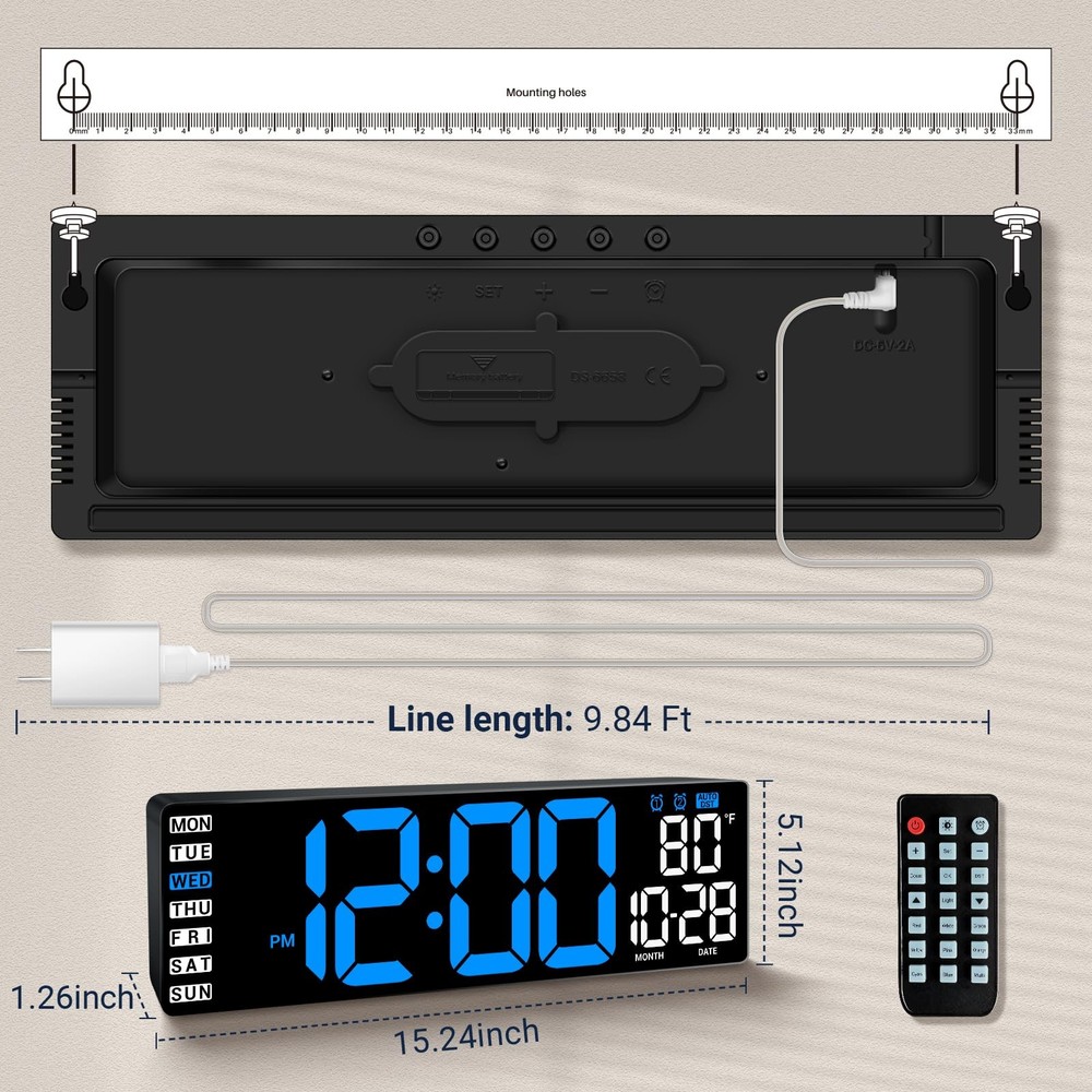 16.5" Large Digital Wall Clock with Remote Control, Auto-Dimming Display with...