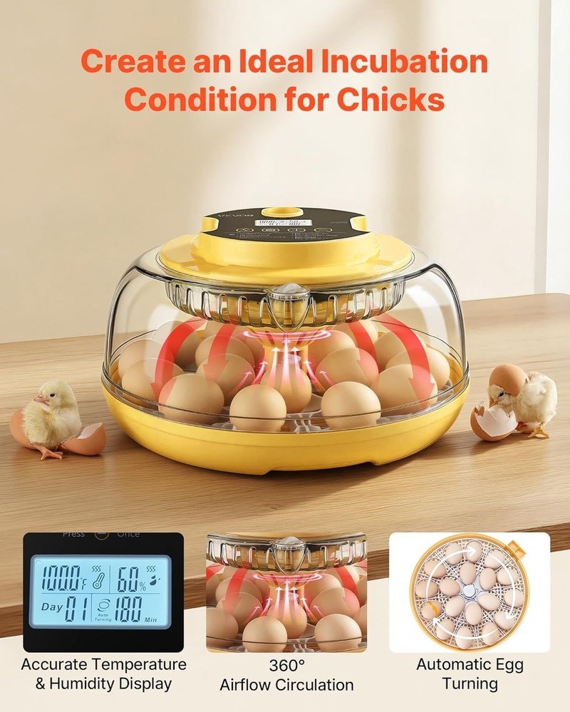 18 Egg Incubator, Automatic Egg Turner with LED Candler, Temperature & Humidi...