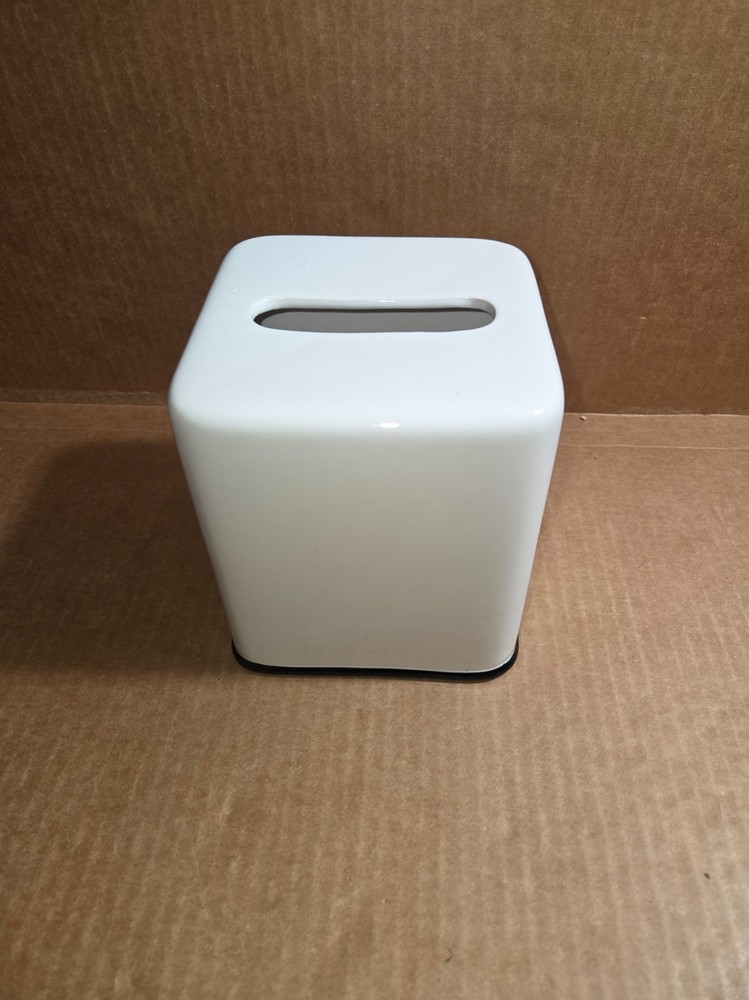 Tissue Box Cover White Square Black Bottom Trim