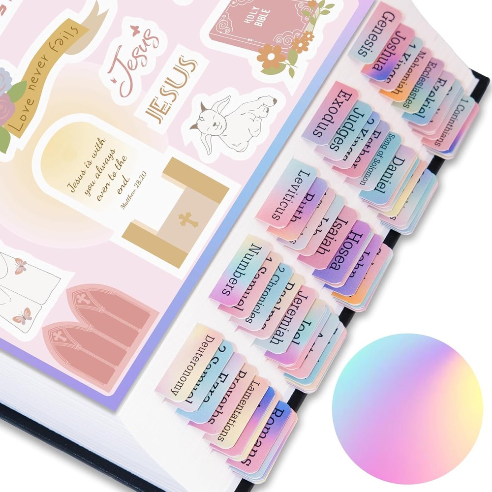 Laminated Bible Tabs with Unique Stickers - Easy Navigation Christian Gift Rain