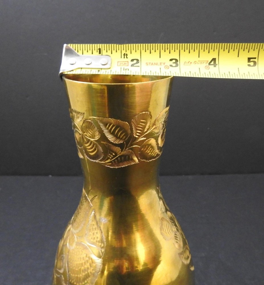 Vintage Solid Brass Etched Leaf Design Vase Numbered India 10" W13