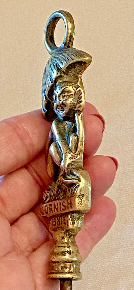 Antique 1920s British CORNISH PISKIE CORKSCREW Brass Goblin Pixie under Mushroom