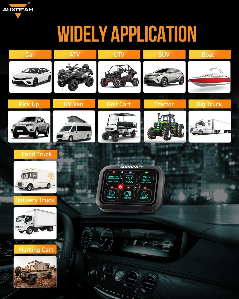 AUXBEAM 6 Gang RGB Switch Panel Toggle LED Light Circuit Relay System Controller