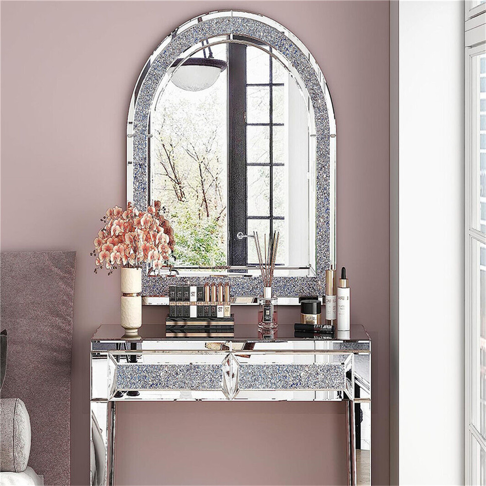 Crystal Decorative Mirror for Wall Arched Gorgeous Silver Crush Diamond Mirror