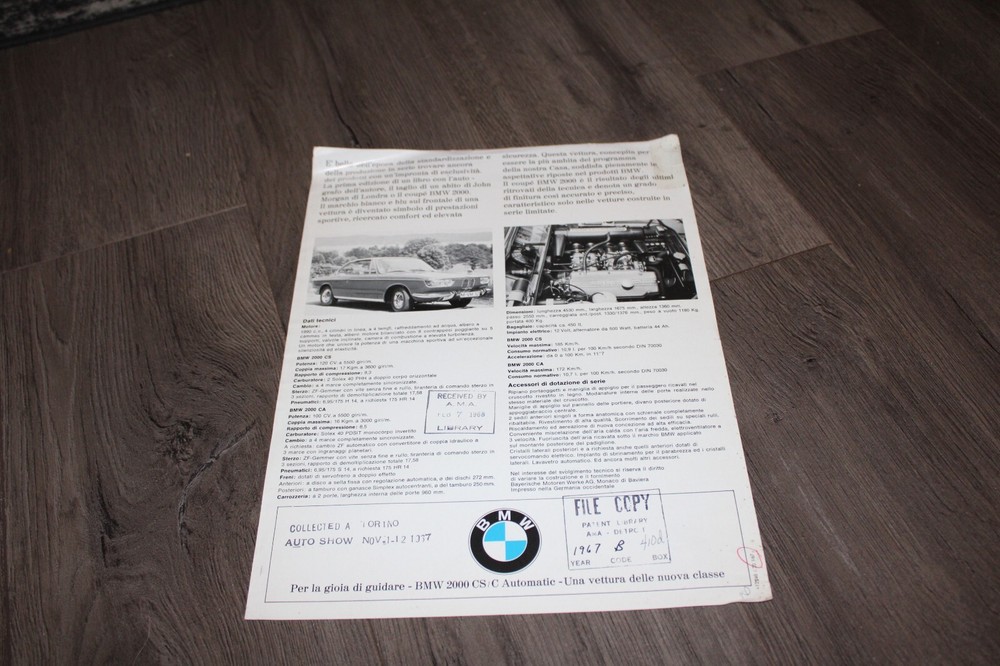 BMW 2000CS 2000C Automatic single sheet sales brochure Jan 1967
