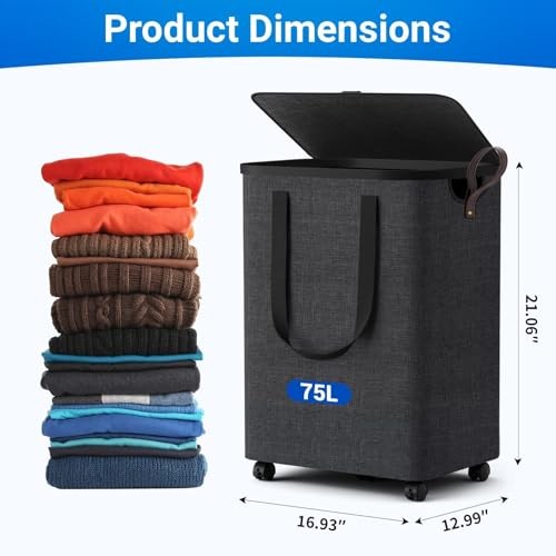Laundry Basket with 5 Wheels, Tall Dirty Laundry Hamper, Rolling 75L Deep Gray