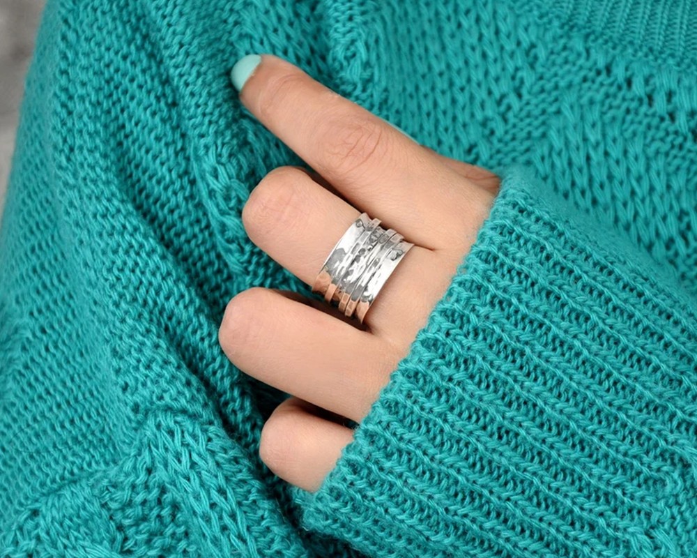 Solid 925 Sterling Silver Spinner Worry Meditation Hammered Band Handmade Ring