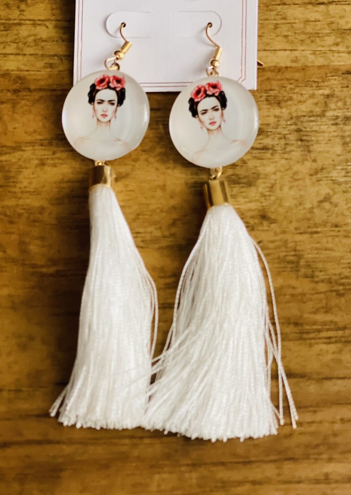 Frida Kahlo Pom Pom Earrings White