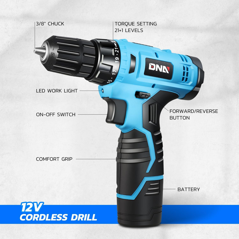12V Max Variable Speed Cordless Drill/Driver 21+1 Torque Setting Power Drill Kit