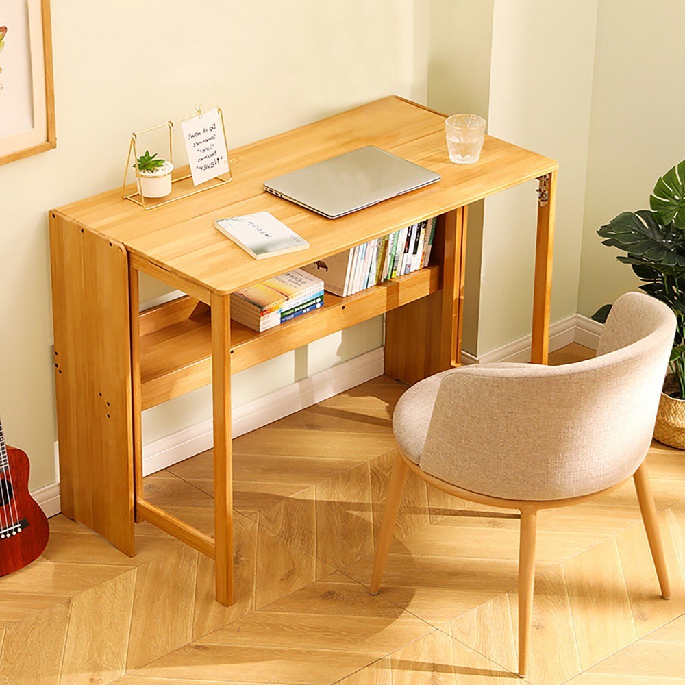 Folding Computer Desk, Modern Writing Table &Storage Shelf Home Office Work Desk