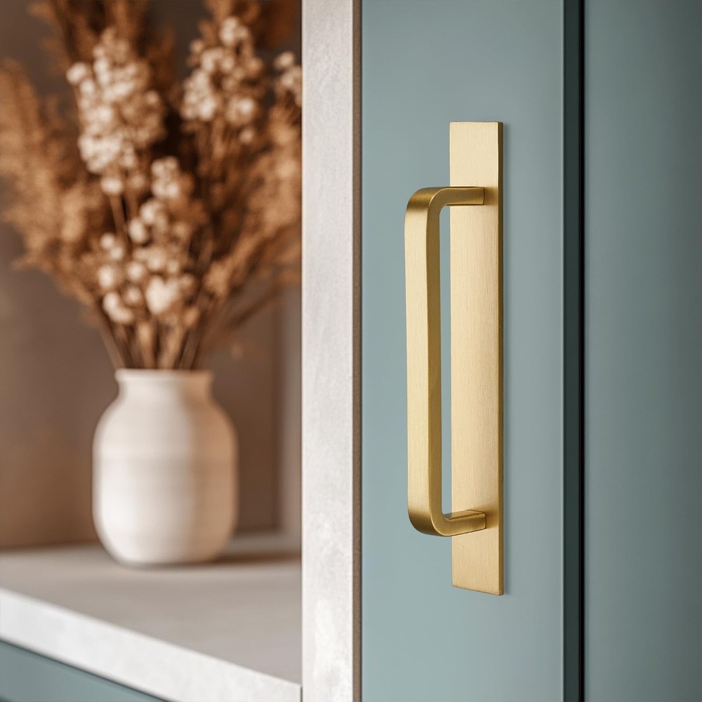 Solid Brass Cabinet Pull with Backplate, 2 Pack Brushed Gold Modern Drawer Ha...