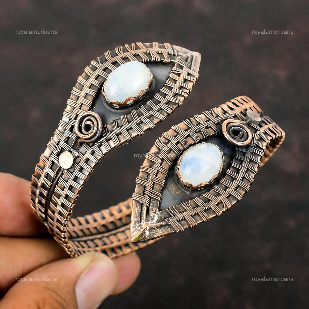 Copper Oval Rainbow Moonstone Gemstone Handcrafted Twisted Boho Bangle Jewelry