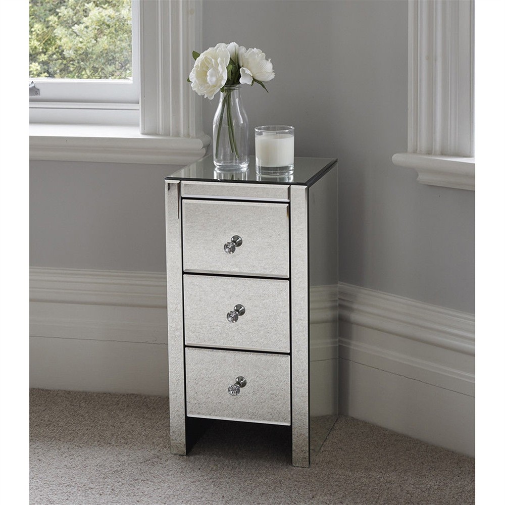 3-Drawer Mirrored Glass Bedside Table - Size S Bedroom Storage