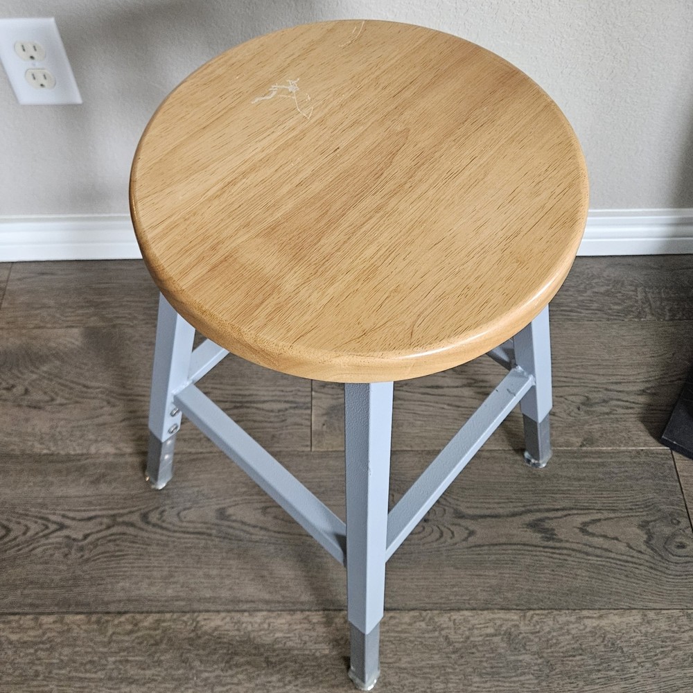 Science Lab Stool, Solid Wood Seat & Steel Frame Adjustable, Gray