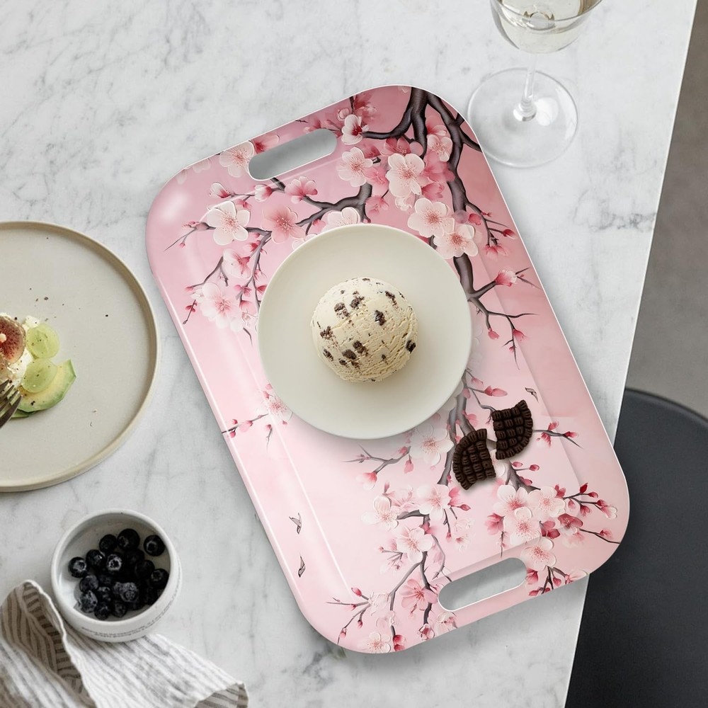 Serving Trays with Handles 14.5x9.8 Inch Rectangular Plastic Pink Cherry