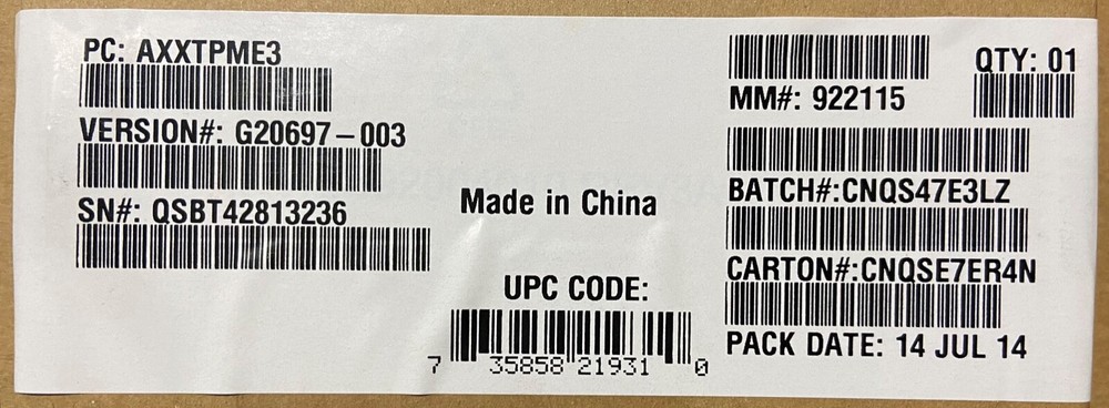 Intel AXXTPME3 Trusted Platfrom Module for E3 based boards and systems NEW