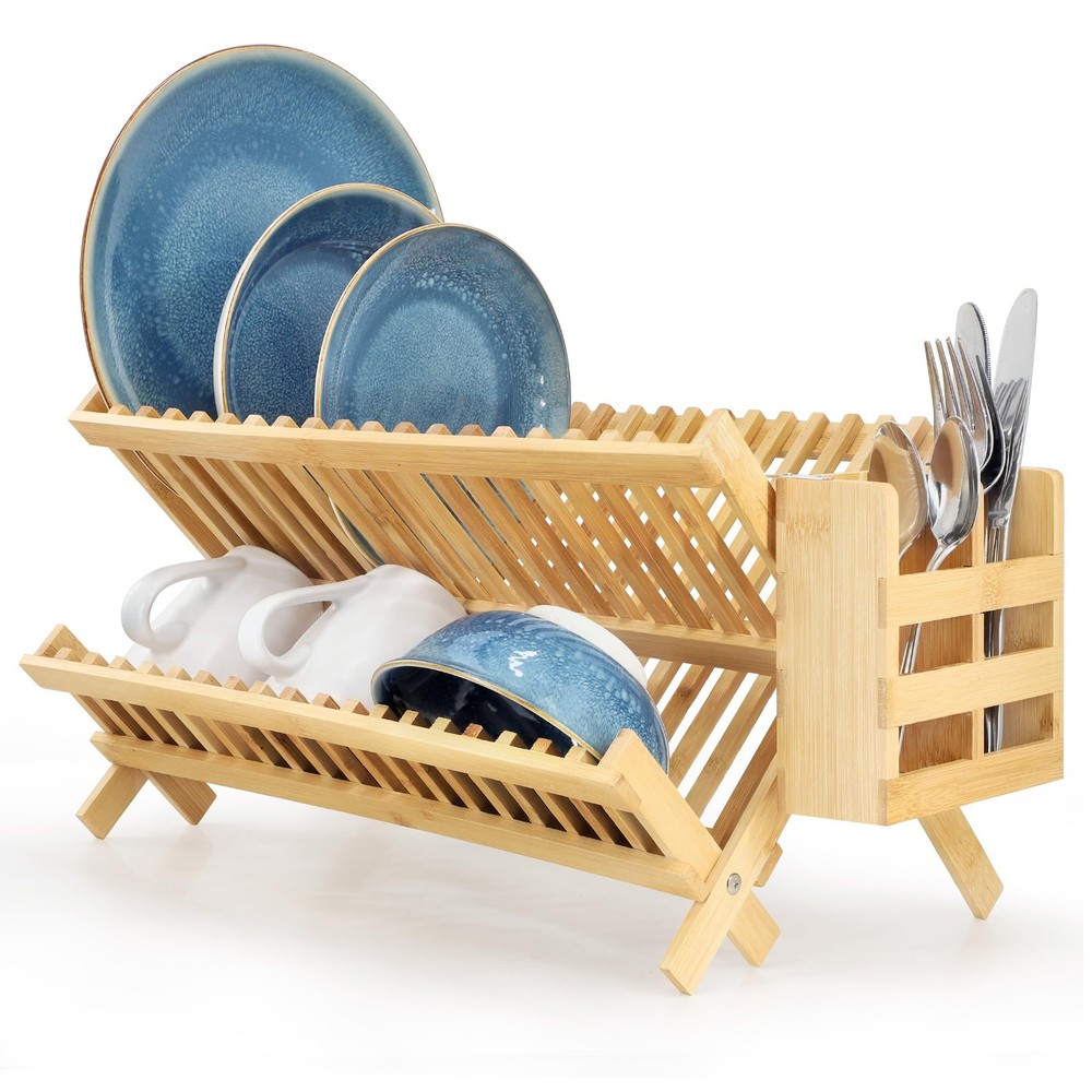 2-Tier Collapsible Kitchen Bamboo Drying Dish Rack, Collapsible Dish Rack, Ki...