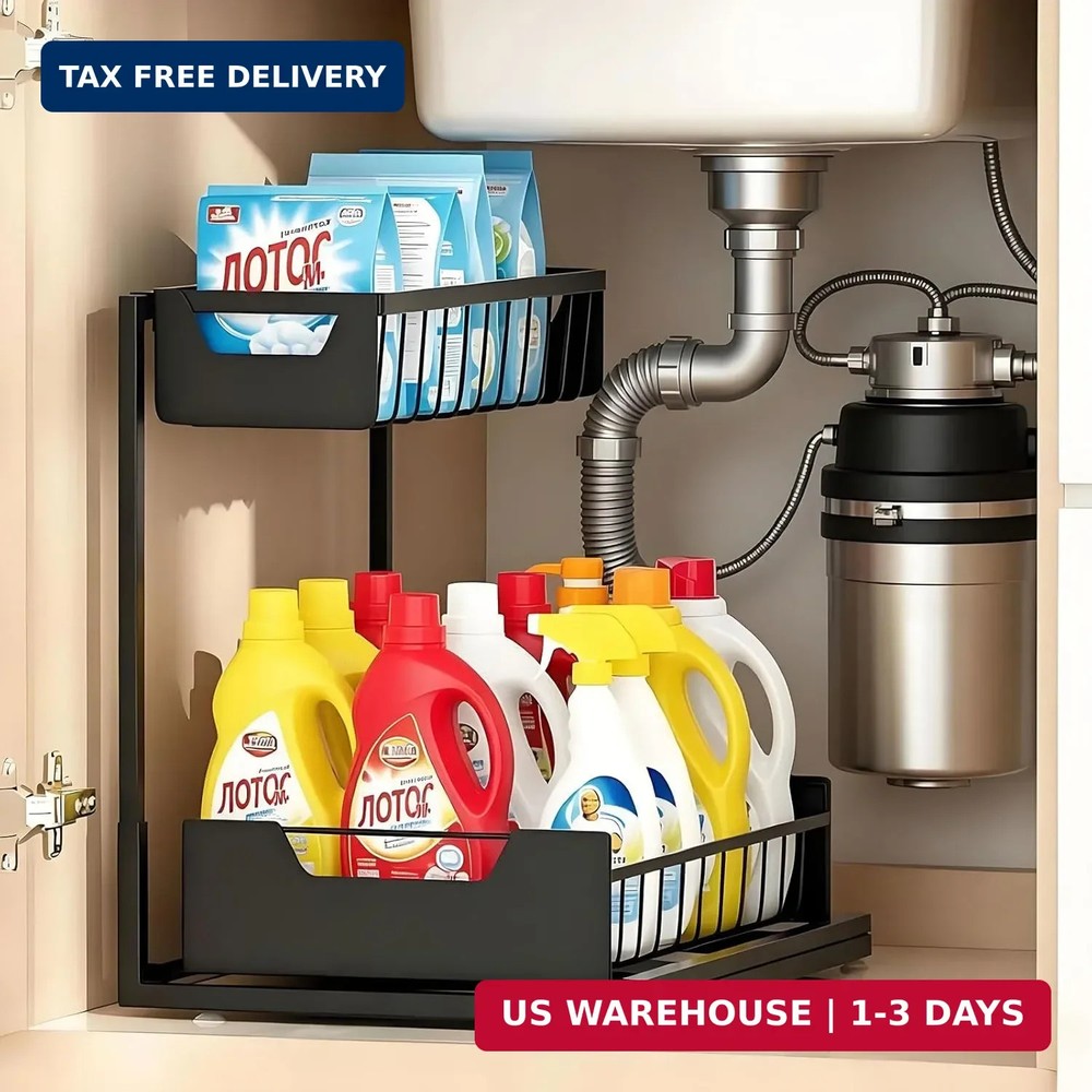 Ceetug Under Kitchen Sink Organizers and Storage Pull Out 2 Tier Metal Bathroom