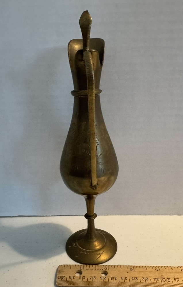 Solid Brass Pitcher 9.5" Floral Leaf Etched Cobra Head Handle Vase