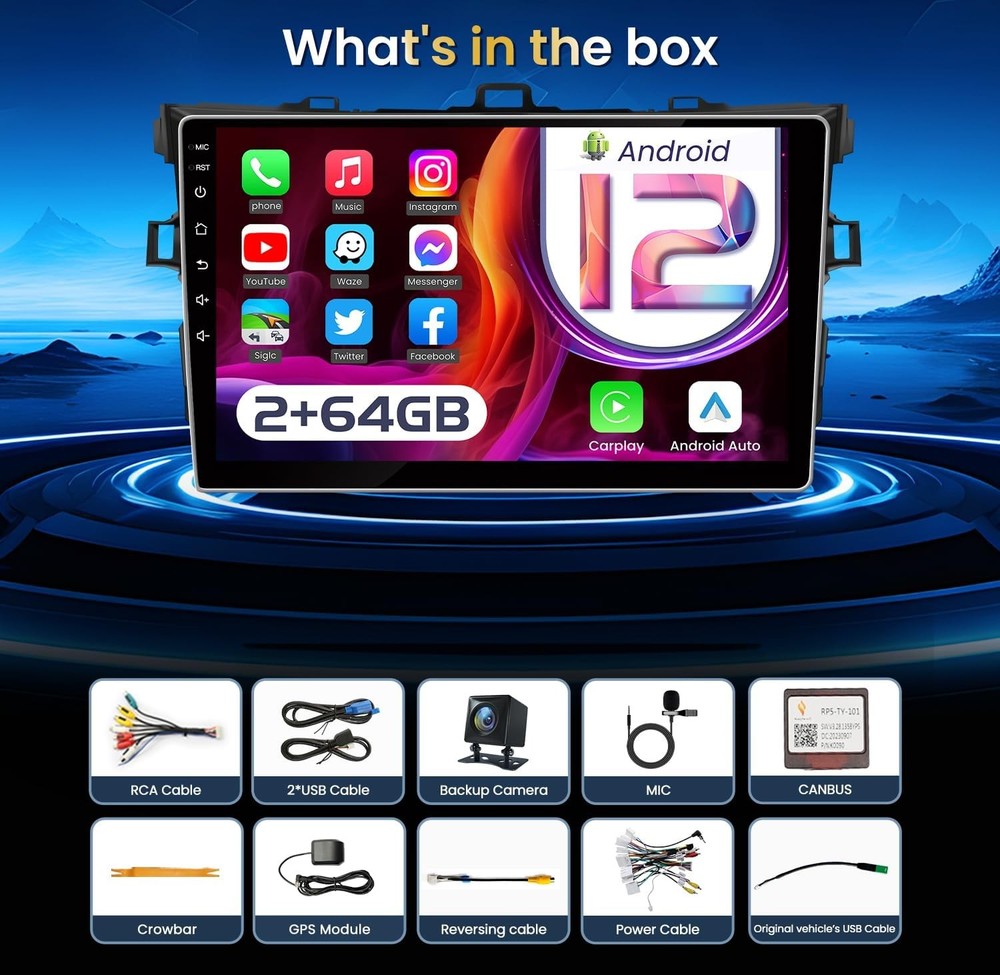 9" Wireless Carplay & Android Auto Stereo for 2009-2013 Toyota Corolla
