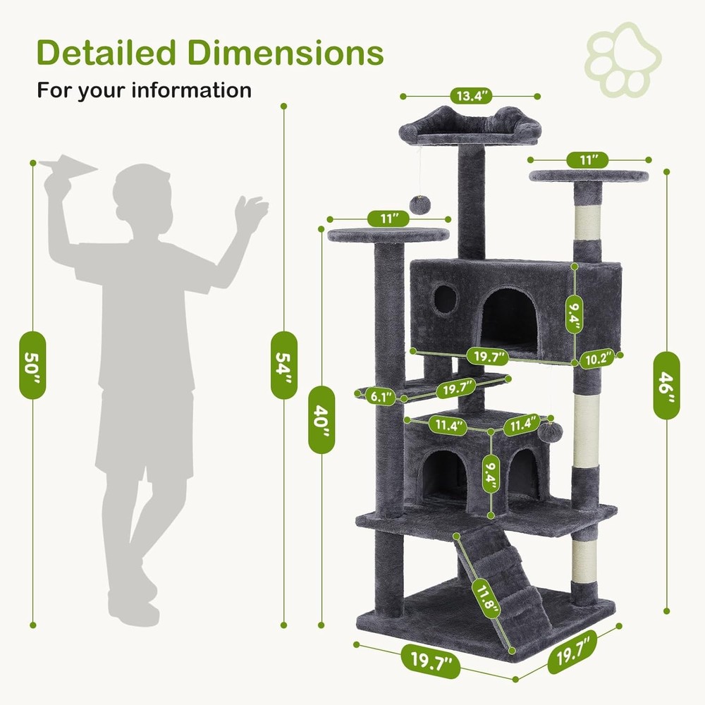 54"Cat Tree Tower Multi-Level Pet House 2 Condos Scratching Posts Round Platform