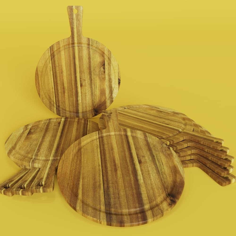 Acacia Wood Cutting Board With Handle, Round Cutting Boards For Kitchen, Deco...