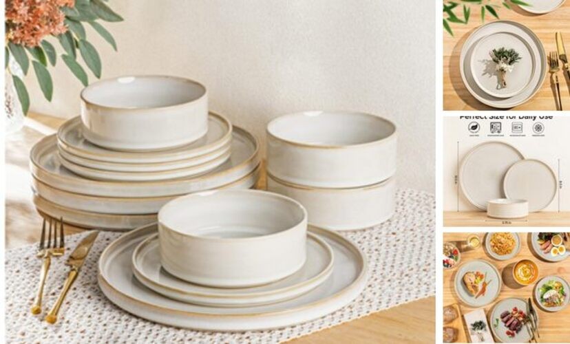 Ceramic Dinnerware Sets, Handmade Reactive Glaze Vanilla White Service for 4