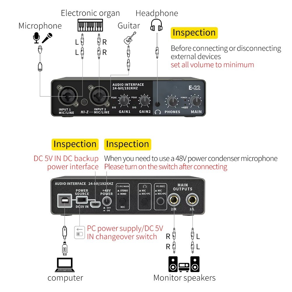 High Quality Professional USB Audio Interface E-22 for Computer PC Mobile Phones