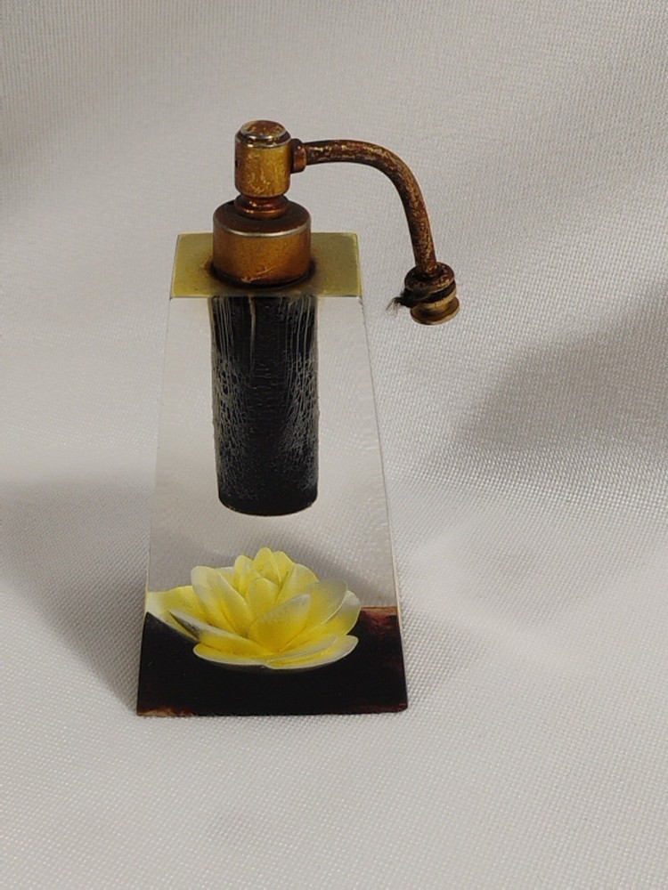 Jane Art Perfume Bottle Lucite w/Atomizer Empty Yellow Rose Inside Needs Pump