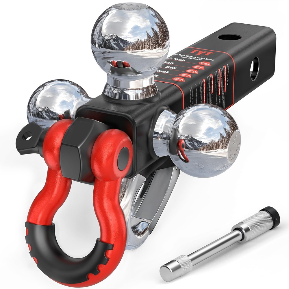 Trailer Hitch Tri-Ball Mount w/ Hook&Pin&Rotatable Tow Shackle,Fit 2-in Receiver