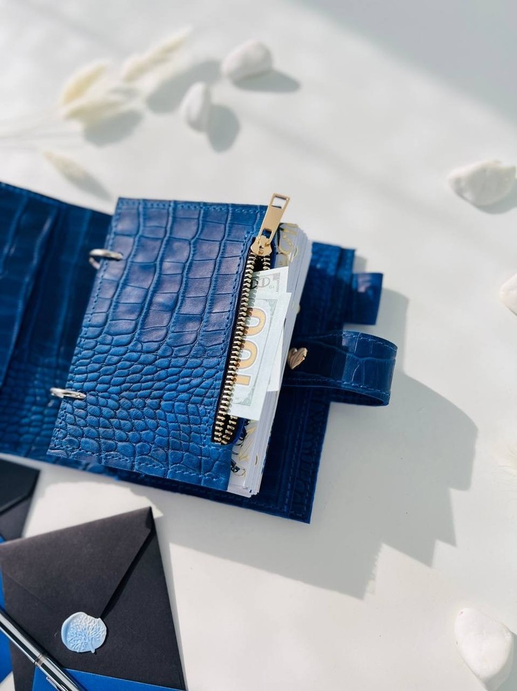 Blue leather notebook cover A7 2 rings mini wallet, Mini Planner Binder.
