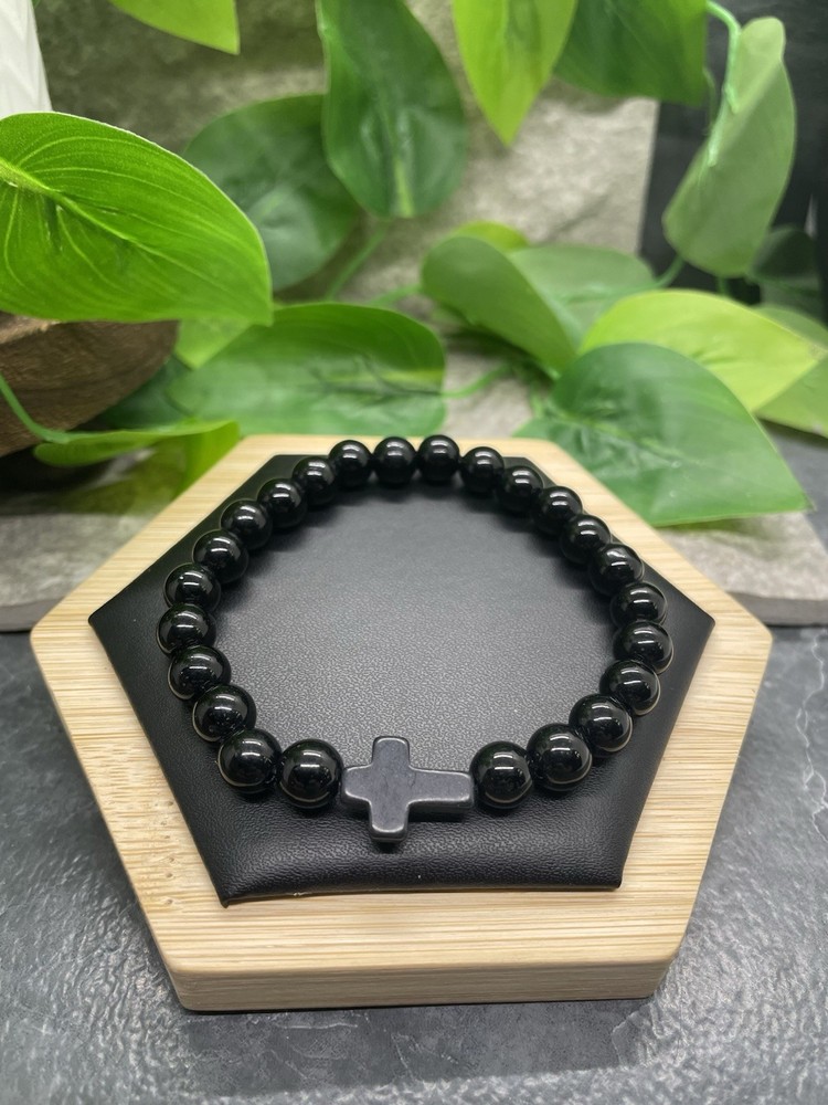 Handmade Stone Bead Stackable 7” Plus Stretch Bracelet Cross New Free Ship B8340
