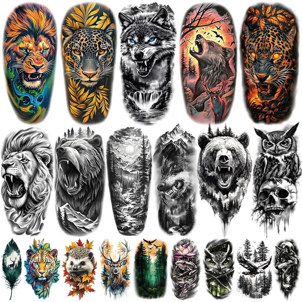 77 Sheets Temporary Tattoos, 17 Sheets Half Arm Wolf Lion Tiger Bear Leopard Eag