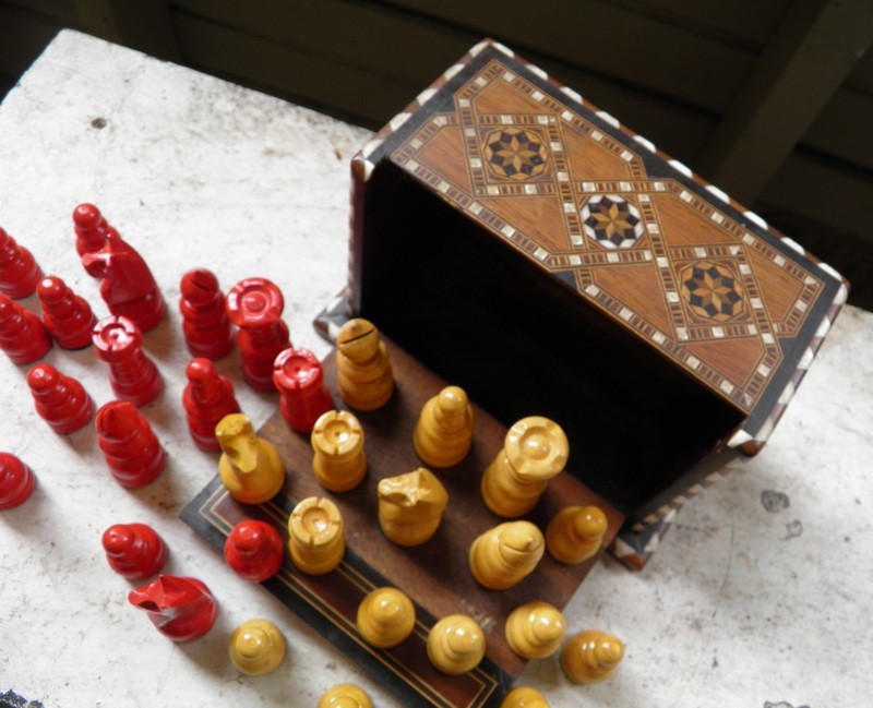 Hand Made Chess pieces in old Marquetry box